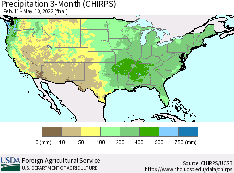 United States Precipitation 3-Month (CHIRPS) Thematic Map For 2/11/2022 - 5/10/2022