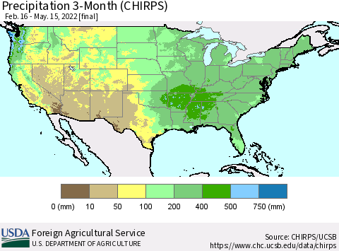 United States Precipitation 3-Month (CHIRPS) Thematic Map For 2/16/2022 - 5/15/2022