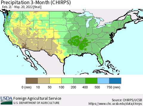 United States Precipitation 3-Month (CHIRPS) Thematic Map For 2/21/2022 - 5/20/2022