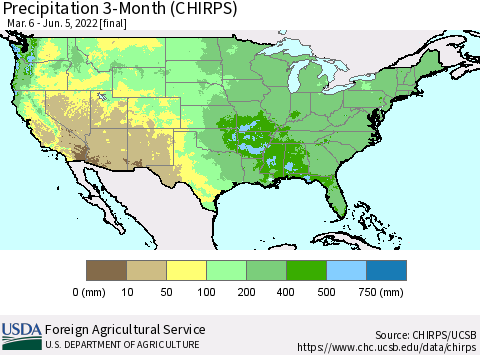 United States Precipitation 3-Month (CHIRPS) Thematic Map For 3/6/2022 - 6/5/2022