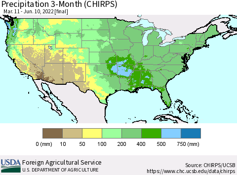 United States Precipitation 3-Month (CHIRPS) Thematic Map For 3/11/2022 - 6/10/2022