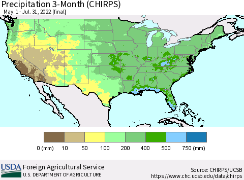 United States Precipitation 3-Month (CHIRPS) Thematic Map For 5/1/2022 - 7/31/2022