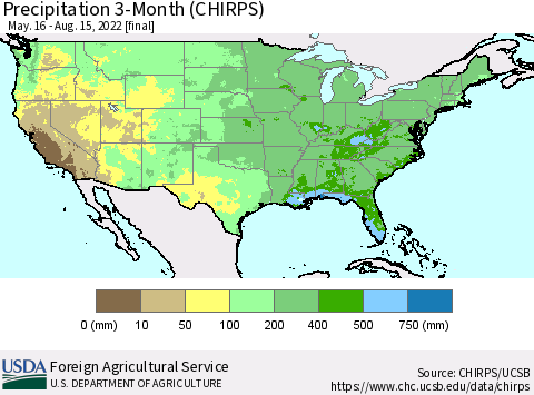 United States Precipitation 3-Month (CHIRPS) Thematic Map For 5/16/2022 - 8/15/2022