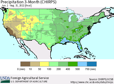 United States Precipitation 3-Month (CHIRPS) Thematic Map For 6/1/2022 - 8/31/2022