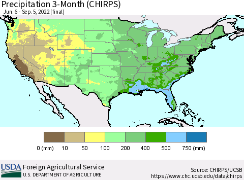 United States Precipitation 3-Month (CHIRPS) Thematic Map For 6/6/2022 - 9/5/2022