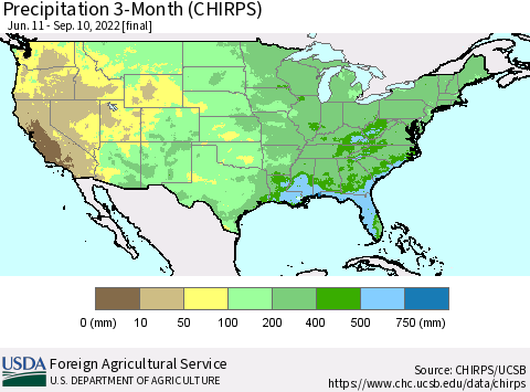United States Precipitation 3-Month (CHIRPS) Thematic Map For 6/11/2022 - 9/10/2022