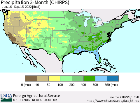 United States Precipitation 3-Month (CHIRPS) Thematic Map For 6/16/2022 - 9/15/2022