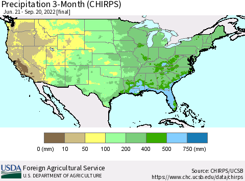 United States Precipitation 3-Month (CHIRPS) Thematic Map For 6/21/2022 - 9/20/2022