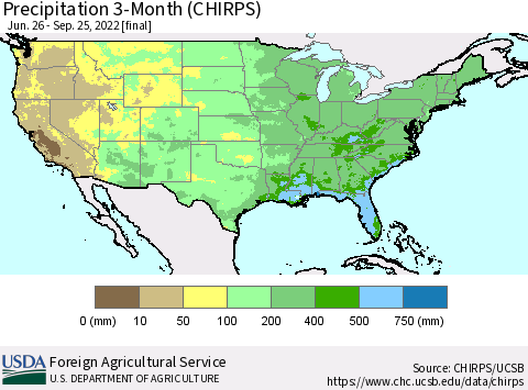 United States Precipitation 3-Month (CHIRPS) Thematic Map For 6/26/2022 - 9/25/2022