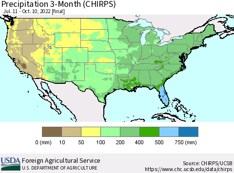 United States Precipitation 3-Month (CHIRPS) Thematic Map For 7/11/2022 - 10/10/2022