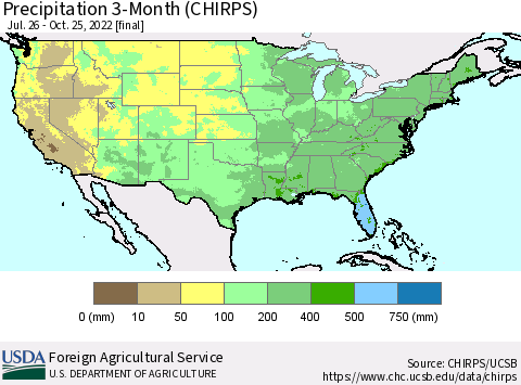 United States Precipitation 3-Month (CHIRPS) Thematic Map For 7/26/2022 - 10/25/2022