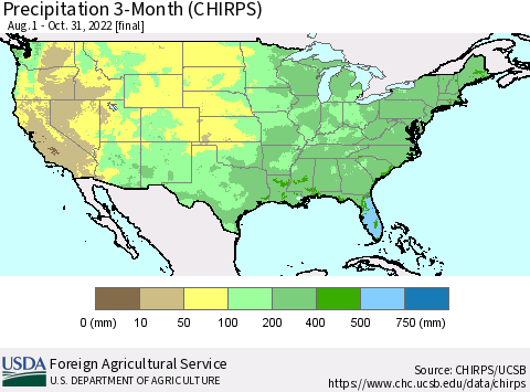 United States Precipitation 3-Month (CHIRPS) Thematic Map For 8/1/2022 - 10/31/2022