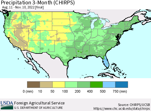 United States Precipitation 3-Month (CHIRPS) Thematic Map For 8/11/2022 - 11/10/2022