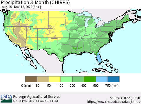 United States Precipitation 3-Month (CHIRPS) Thematic Map For 8/16/2022 - 11/15/2022