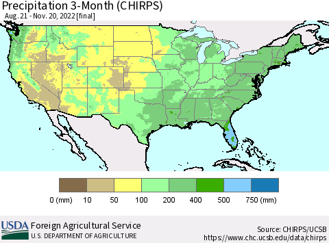 United States Precipitation 3-Month (CHIRPS) Thematic Map For 8/21/2022 - 11/20/2022