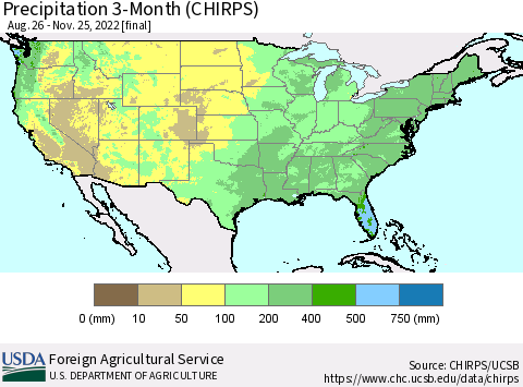 United States Precipitation 3-Month (CHIRPS) Thematic Map For 8/26/2022 - 11/25/2022