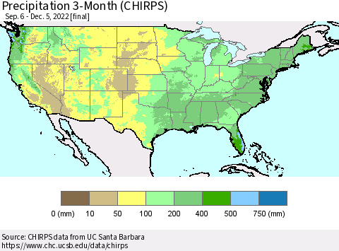 United States Precipitation 3-Month (CHIRPS) Thematic Map For 9/6/2022 - 12/5/2022