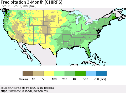 United States Precipitation 3-Month (CHIRPS) Thematic Map For 9/11/2022 - 12/10/2022