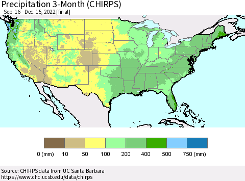 United States Precipitation 3-Month (CHIRPS) Thematic Map For 9/16/2022 - 12/15/2022
