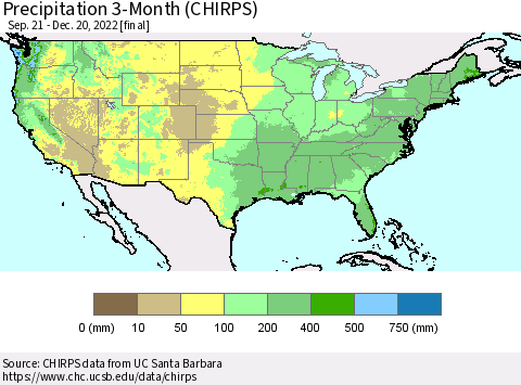 United States Precipitation 3-Month (CHIRPS) Thematic Map For 9/21/2022 - 12/20/2022