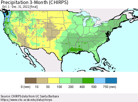 United States Precipitation 3-Month (CHIRPS) Thematic Map For 10/1/2022 - 12/31/2022
