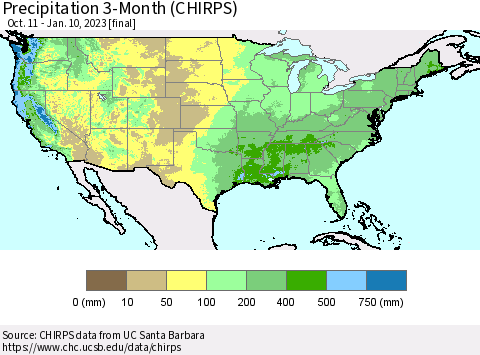 United States Precipitation 3-Month (CHIRPS) Thematic Map For 10/11/2022 - 1/10/2023
