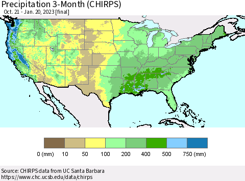 United States Precipitation 3-Month (CHIRPS) Thematic Map For 10/21/2022 - 1/20/2023