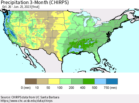 United States Precipitation 3-Month (CHIRPS) Thematic Map For 10/26/2022 - 1/25/2023