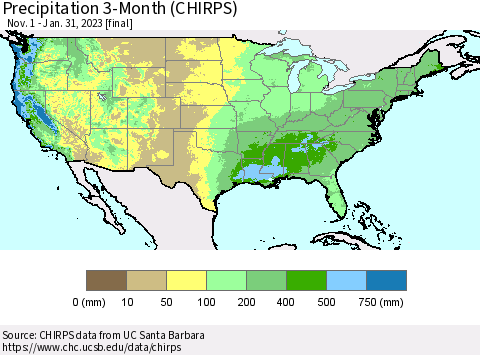 United States Precipitation 3-Month (CHIRPS) Thematic Map For 11/1/2022 - 1/31/2023