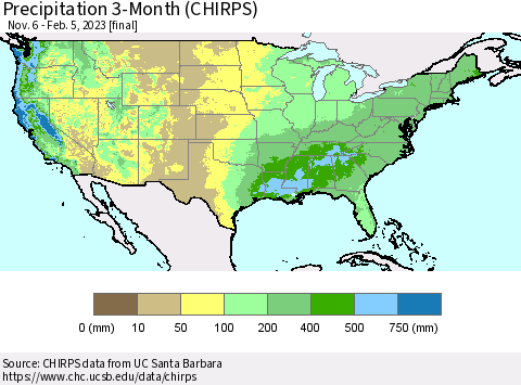 United States Precipitation 3-Month (CHIRPS) Thematic Map For 11/6/2022 - 2/5/2023