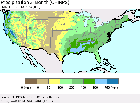 United States Precipitation 3-Month (CHIRPS) Thematic Map For 11/11/2022 - 2/10/2023