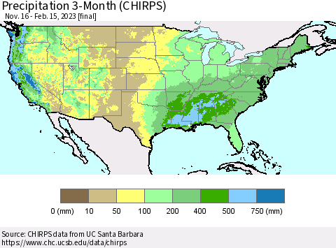 United States Precipitation 3-Month (CHIRPS) Thematic Map For 11/16/2022 - 2/15/2023