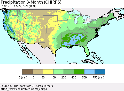 United States Precipitation 3-Month (CHIRPS) Thematic Map For 11/21/2022 - 2/20/2023