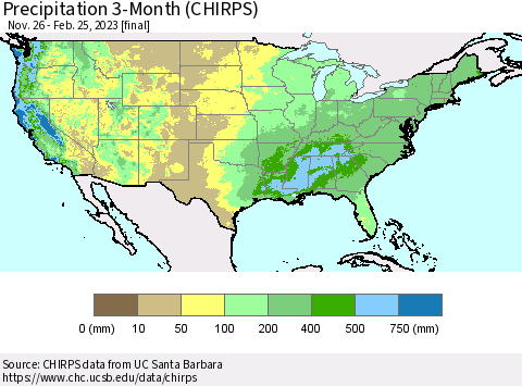 United States Precipitation 3-Month (CHIRPS) Thematic Map For 11/26/2022 - 2/25/2023