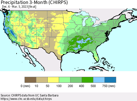 United States Precipitation 3-Month (CHIRPS) Thematic Map For 12/6/2022 - 3/5/2023