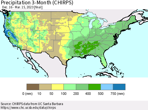 United States Precipitation 3-Month (CHIRPS) Thematic Map For 12/16/2022 - 3/15/2023