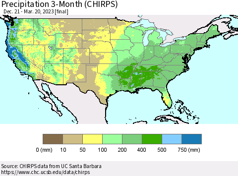 United States Precipitation 3-Month (CHIRPS) Thematic Map For 12/21/2022 - 3/20/2023