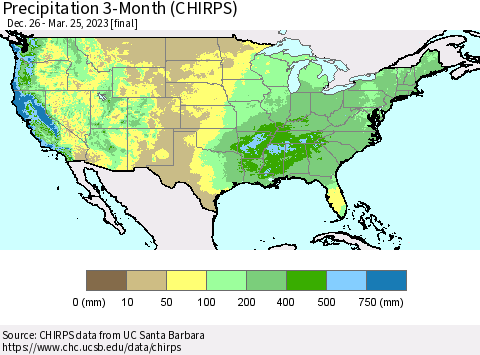 United States Precipitation 3-Month (CHIRPS) Thematic Map For 12/26/2022 - 3/25/2023