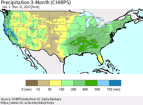 United States Precipitation 3-Month (CHIRPS) Thematic Map For 1/1/2023 - 3/31/2023