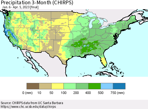United States Precipitation 3-Month (CHIRPS) Thematic Map For 1/6/2023 - 4/5/2023