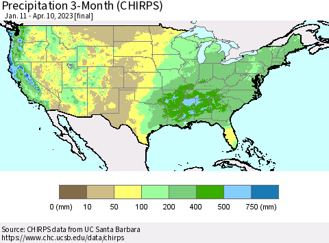 United States Precipitation 3-Month (CHIRPS) Thematic Map For 1/11/2023 - 4/10/2023