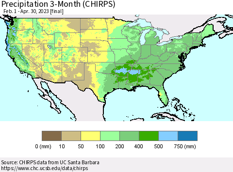 United States Precipitation 3-Month (CHIRPS) Thematic Map For 2/1/2023 - 4/30/2023