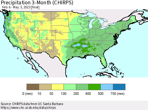 United States Precipitation 3-Month (CHIRPS) Thematic Map For 2/6/2023 - 5/5/2023