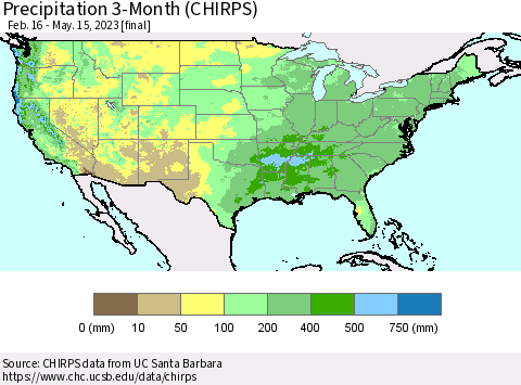 United States Precipitation 3-Month (CHIRPS) Thematic Map For 2/16/2023 - 5/15/2023