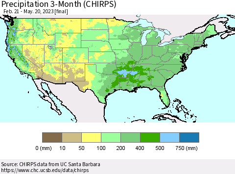 United States Precipitation 3-Month (CHIRPS) Thematic Map For 2/21/2023 - 5/20/2023
