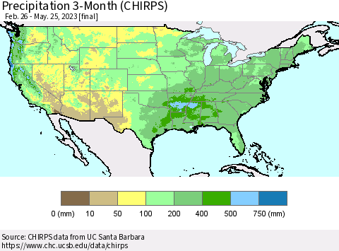 United States Precipitation 3-Month (CHIRPS) Thematic Map For 2/26/2023 - 5/25/2023