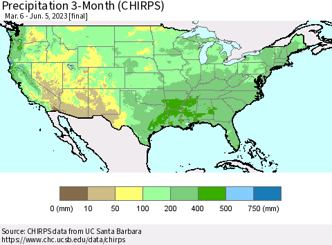 United States Precipitation 3-Month (CHIRPS) Thematic Map For 3/6/2023 - 6/5/2023