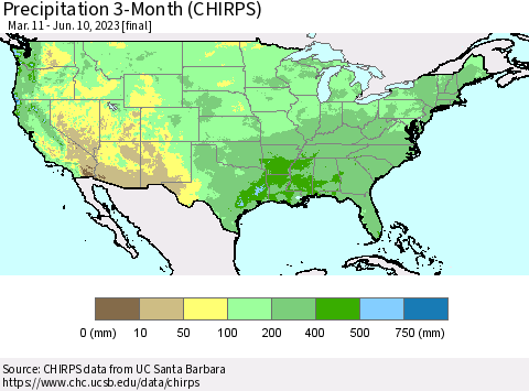 United States Precipitation 3-Month (CHIRPS) Thematic Map For 3/11/2023 - 6/10/2023