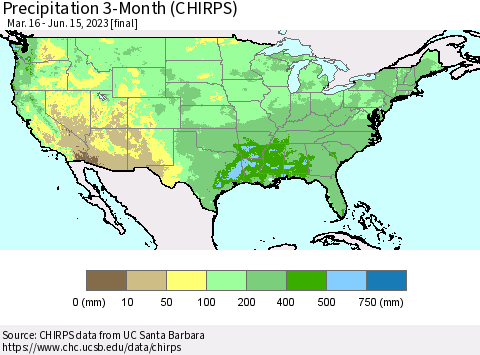 United States Precipitation 3-Month (CHIRPS) Thematic Map For 3/16/2023 - 6/15/2023