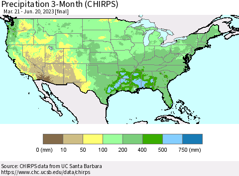 United States Precipitation 3-Month (CHIRPS) Thematic Map For 3/21/2023 - 6/20/2023